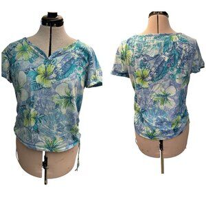 Caribbean Joe Womens Shirt Size L Tropical Floral Tie Cinched Sides Knit V-Neck